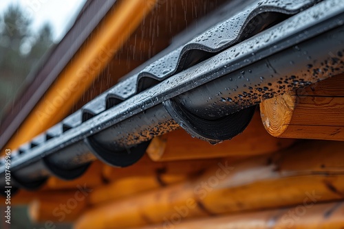 Close-up of a roof drainage system during rainfall, showcasing raindrops collecting on the metal gutter of a wooden cabin. Perfect for themes of home construction, roofing solutions, water management photo