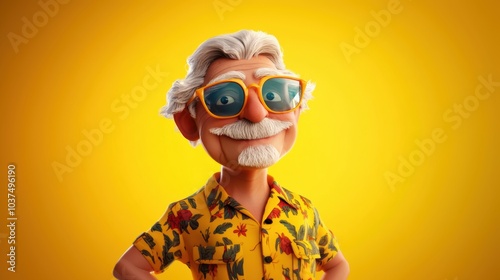Customizable avatar of a unique personality virtual in a world. A cheerful elderly 3D cartoon man with gray hair, sunglasses, and a tropical shirt, smiling confidently against a yellow background.