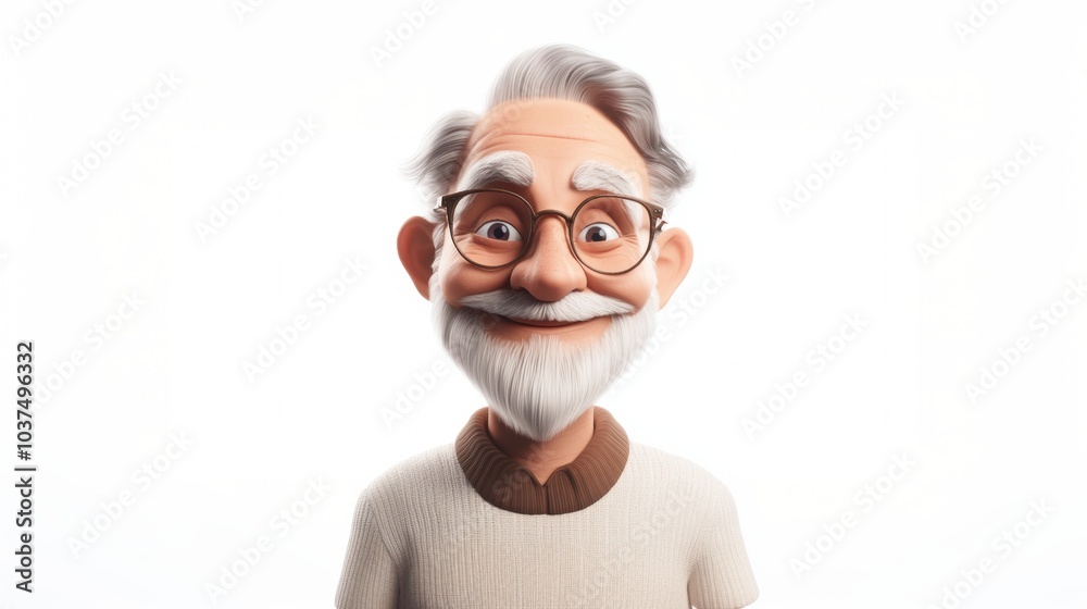 Customizable avatar of a unique personality virtual in a world. A cheerful elderly 3D cartoon man with glasses, a white beard, and a beige sweater, smiling warmly against a white background. Customizable avatar of a unique personality virtual in a world. A cheerful elderly 3D cartoon man with glasses, a white beard, and a beige sweater, smiling warmly against a white background.