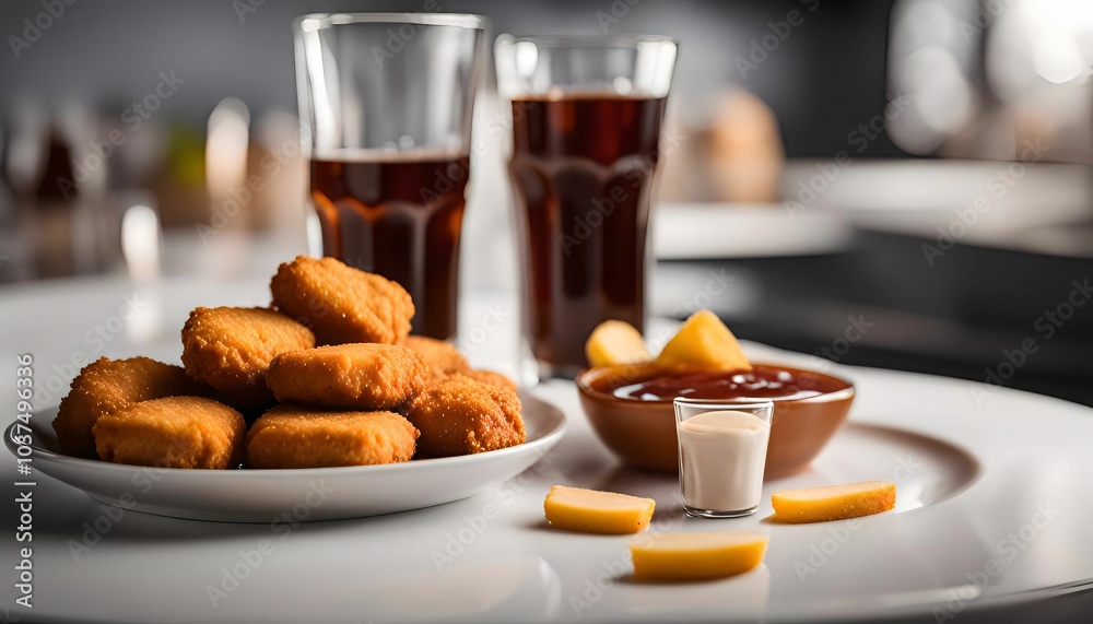 Chicken Nuggets, Sauce, and Drinks on a Table Chicken Nuggets, Sauce, and Drinks on a Table