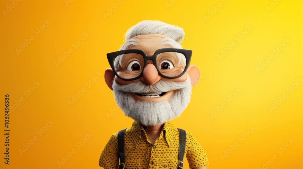Fototapeta premium Customizable avatar of a unique personality virtual in a world. A cheerful elderly 3D cartoon man with glasses, a white beard, and a yellow shirt, smiling warmly against a bright yellow background.