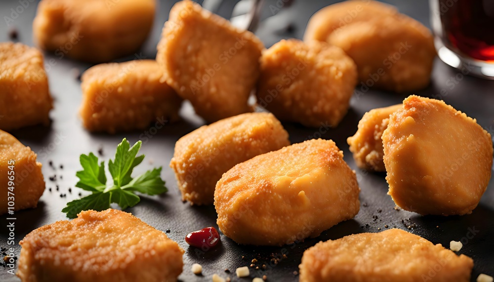 Crispy Fried Chicken Nuggets on Black Plate Crispy Fried Chicken Nuggets on Black Plate