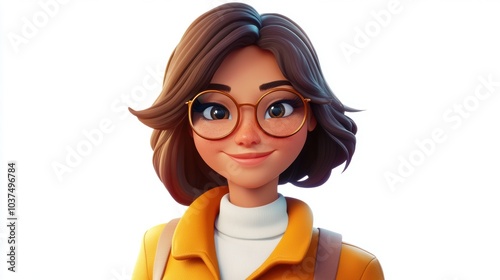 Customizable avatar of a unique personality virtual in a world. A cheerful young 3D cartoon woman with short brown hair, glasses, and a yellow jacket, smiling warmly against a white background.