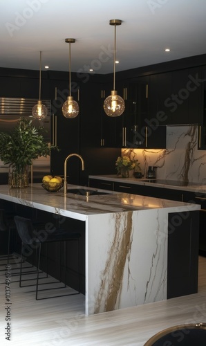 Modern kitchen with marble countertops and black cabinets. photo