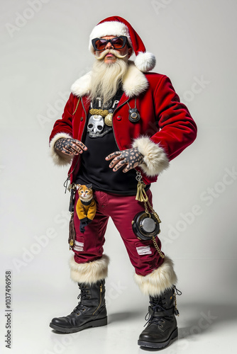 A man dressed as a santa claus with a cat in his lap photo