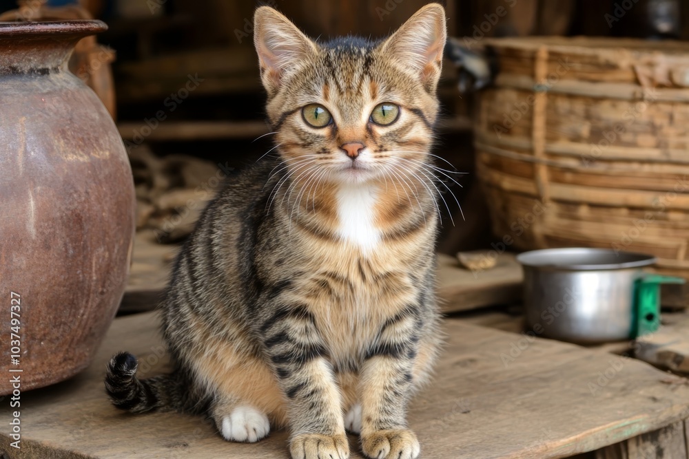 Obraz premium 猫が木の板の上で座っている、田舎の小屋の内部で陽の光を浴びる様子