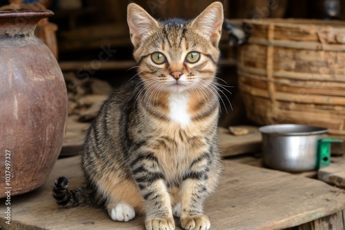 猫が木の板の上で座っている、田舎の小屋の内部で陽の光を浴びる様子