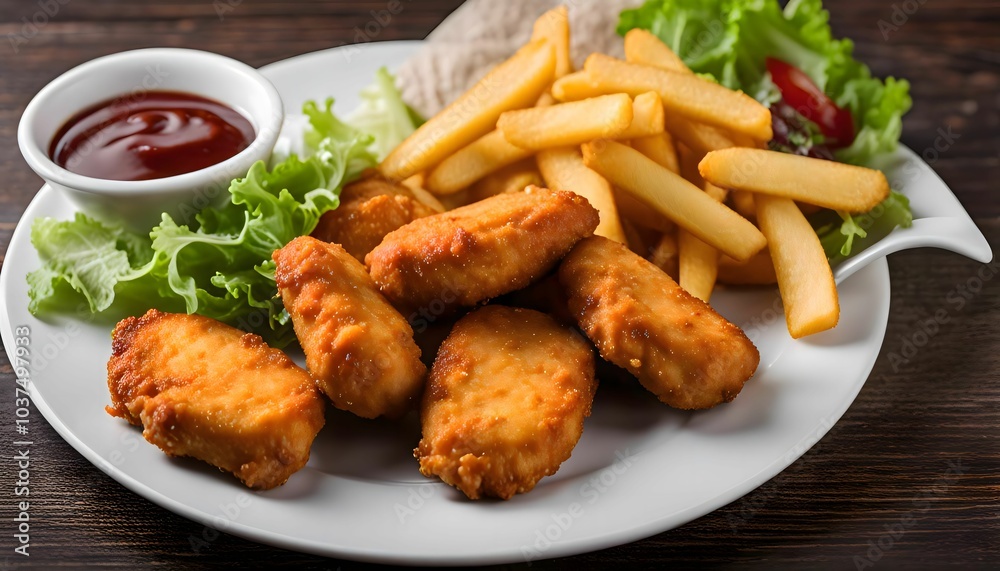 Delicious Chicken Nuggets, Fries and Salad on a White Plate Delicious Chicken Nuggets, Fries and Salad on a White Plate