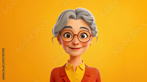 Customizable avatar of a unique personality virtual in a world. A cheerful elderly 3D cartoon woman with gray hair, glasses, and a red blazer over a yellow shirt, against a bright yellow background