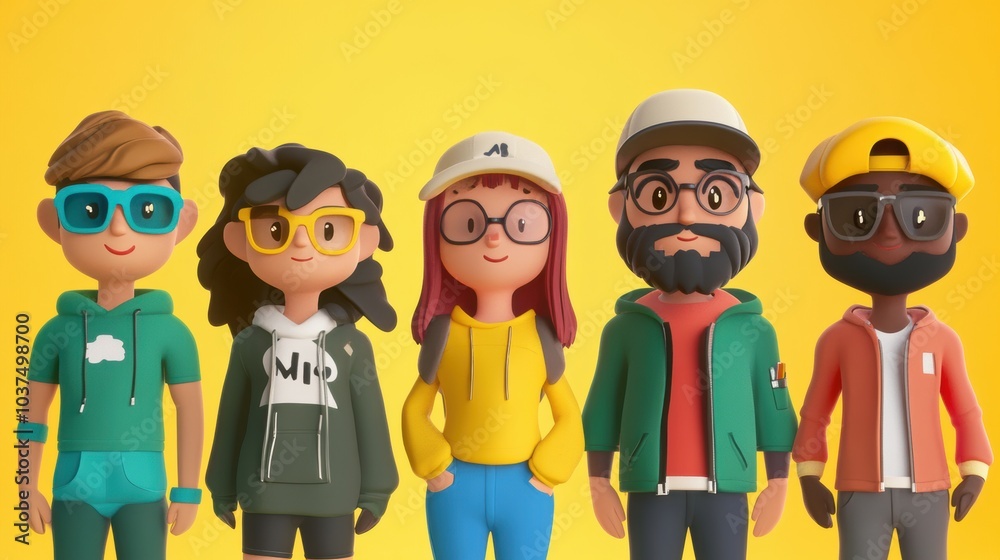 Naklejka premium Customizable avatar of unique personalities in a virtual world. Group of 3D cartoon characters in colorful hoodies 