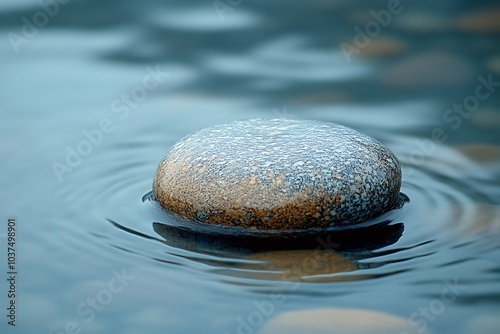 A single rock rests peacefully in still blue water, creating ripples.