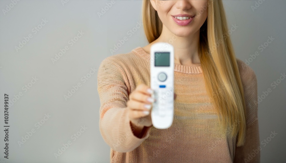 Happy Woman Holding Air Conditioner Remote Happy Woman Holding Air Conditioner Remote