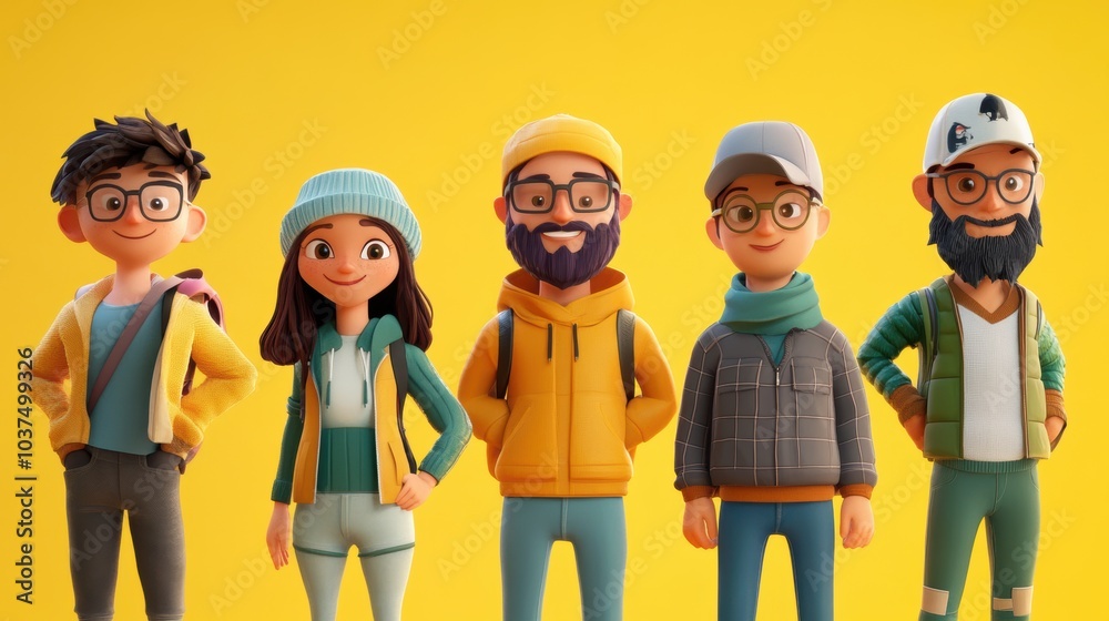 Customizable avatar of unique personalities in a virtual world. A group of animated characters dressed in casual outdoor clothing, including jackets, hats, and beanies, standing confidently. Customizable avatar of unique personalities in a virtual world. A group of animated characters dressed in casual outdoor clothing, including jackets, hats, and beanies, standing confidently.