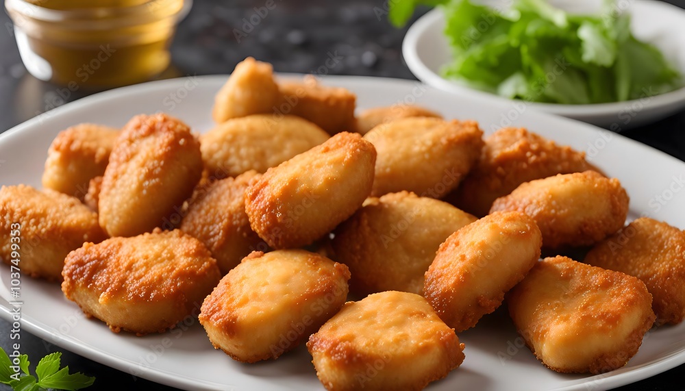 Closeup of Golden Fried Chicken Nuggets on White Plate Closeup of Golden Fried Chicken Nuggets on White Plate