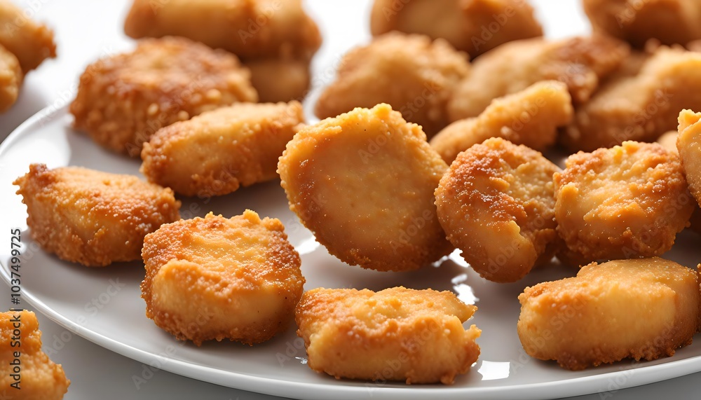 Close Up of Crispy Fried Chicken Nuggets on a White Plate Close Up of Crispy Fried Chicken Nuggets on a White Plate