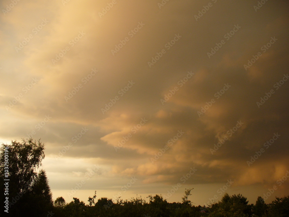 Dark brown and beige stormy sky with rainy threatening clouds over black horizon with trees - natural weather composition. Topics: storm, meteorology, atmosphere, air space, season, summer Dark brown and beige stormy sky with rainy threatening clouds over black horizon with trees - natural weather composition. Topics: storm, meteorology, atmosphere, air space, season, summer