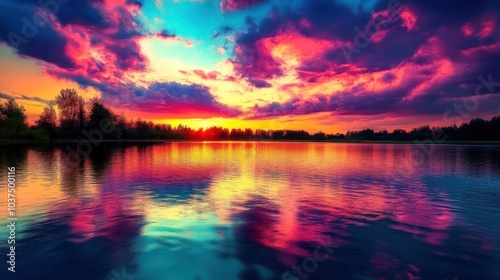 Vibrant Sunset Over a Calm Lake