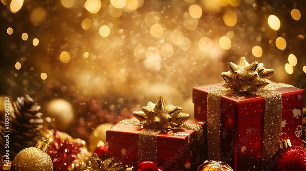 Red Christmas Presents with Golden Bows and Sparkling Lights Red Christmas Presents with Golden Bows and Sparkling Lights