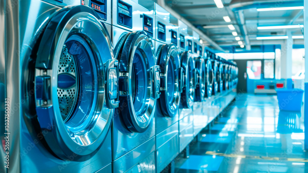 Row of washing machines in a modern laundry room, close-up.. Row of washing machines in a modern laundry room, close-up..