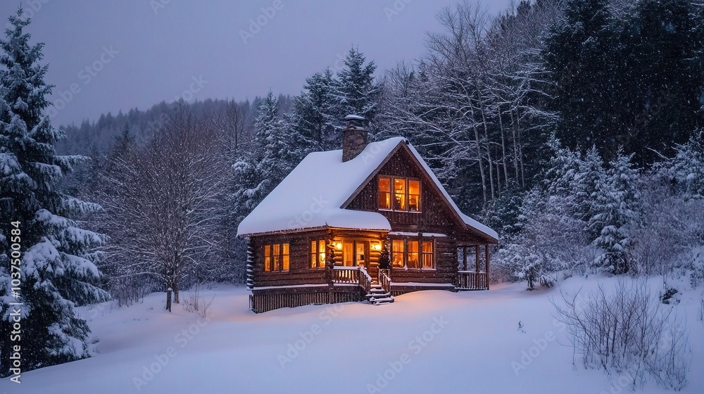 Cozy Cabin in Snowy Winter Landscape at Dusk Cozy Cabin in Snowy Winter Landscape at Dusk