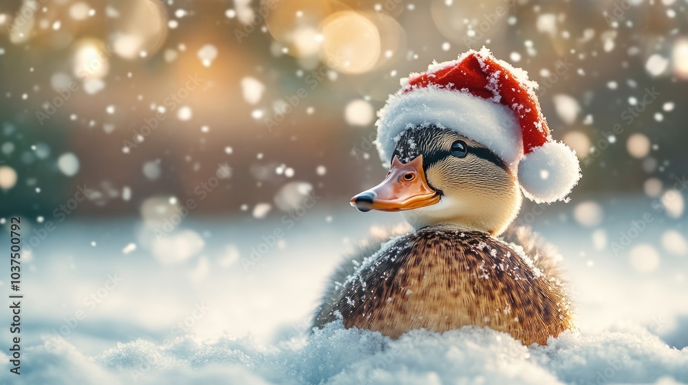 Cute duck in Santa Claus hat on snow background. Winter background with duck. Christmas concept. Cute duck in Santa Claus hat on snow background. Winter background with duck. Christmas concept.