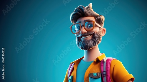 Customizable avatar of a unique personality virtual in a world. Animated man with glasses, a beard, and a vibrant yellow shirt, smiling confidently wearing a backpack, set against a blue background.