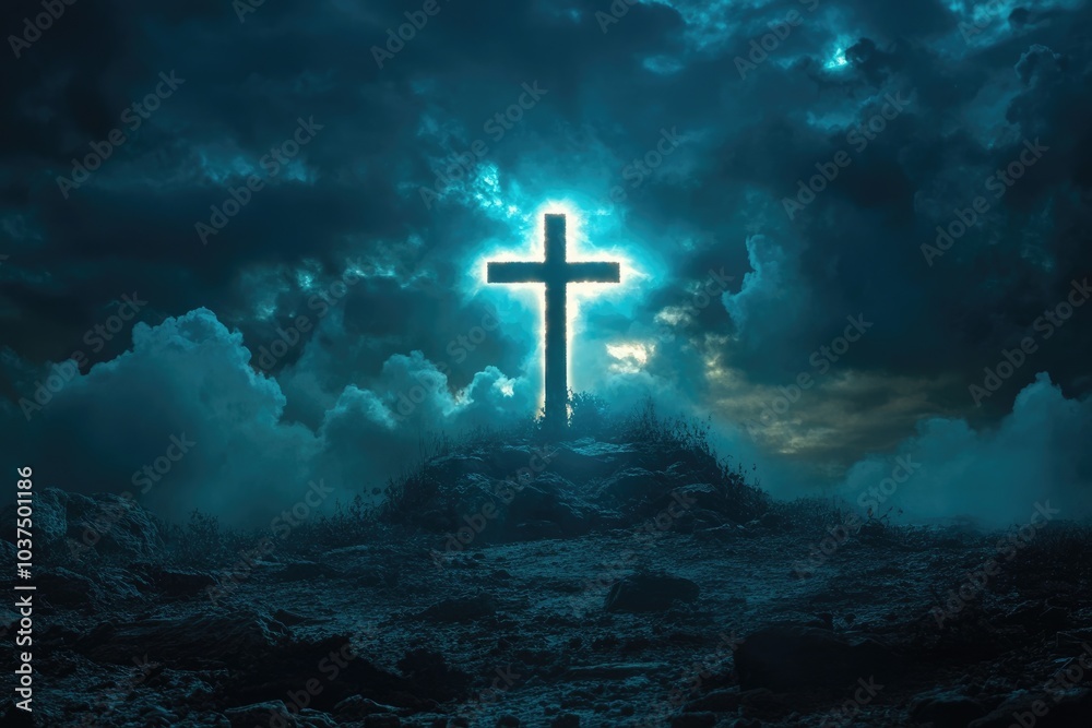 Glowing Christian cross in the night sky. Glowing Christian cross in the night sky.