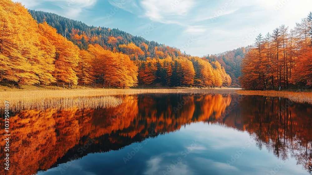 Fototapeta premium Serene Autumn Landscape Reflected in Tranquil Lake