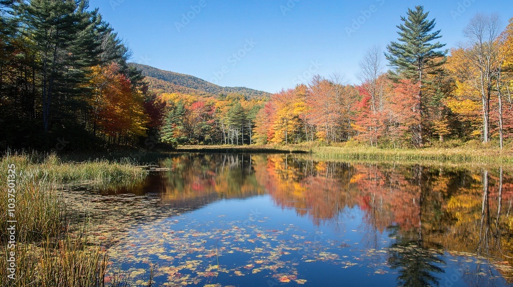 Fototapeta premium Serene Autumn Reflection at a Tranquil Pond