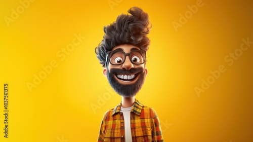 Customizable avatar of a unique personality virtual in a world. Animated man with a big smile, curly hair, glasses, and a beard, wearing a plaid shirt against a bright yellow background.