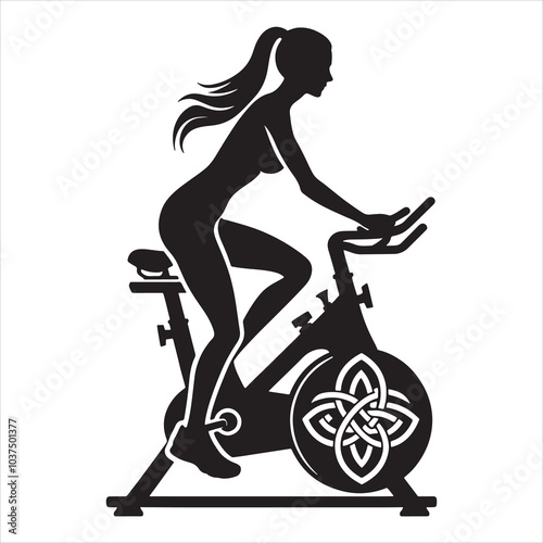 spinning bike exercise female player with celtic knot silhouette on white background

