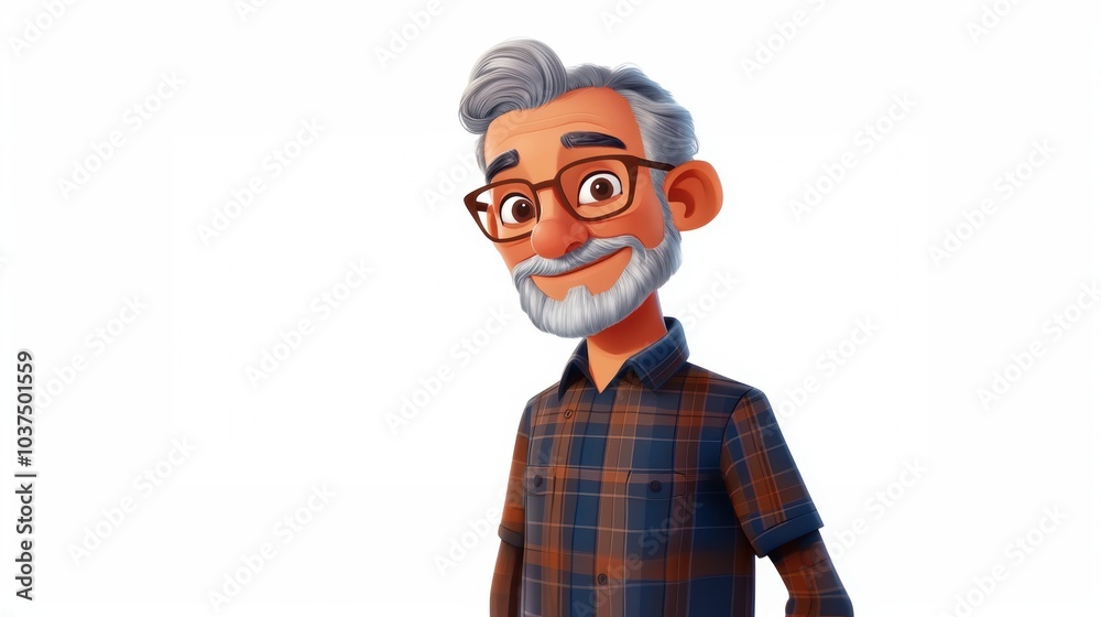 Customizable avatar of a unique personality virtual in a world. Animated elderly man with glasses, white hair, and a beard, wearing a plaid shirt and smiling warmly against a white background. Customizable avatar of a unique personality virtual in a world. Animated elderly man with glasses, white hair, and a beard, wearing a plaid shirt and smiling warmly against a white background.