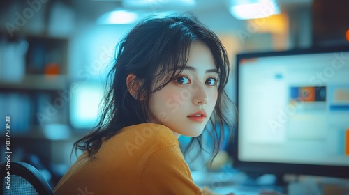 Asian girl sitting at computer monitor. Office worker working at computer.