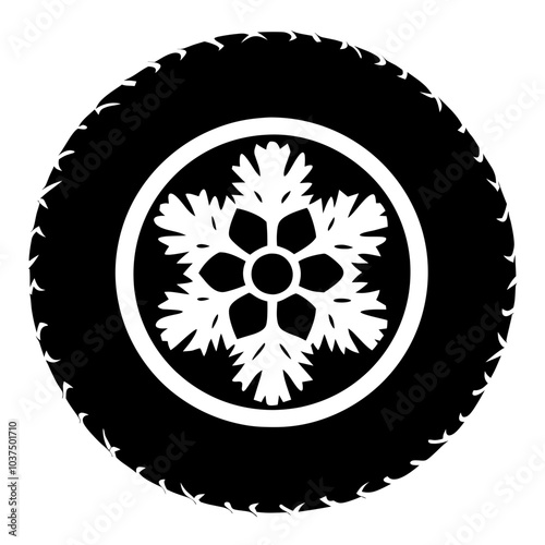 Simple tire icon with snowflake design in black and white for winter themes