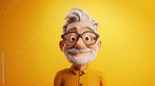 Customizable avatar of an unique personality virtual in a world. Animated elderly man with glasses, white hair, and a yellow shirt, smiling warmly against a vibrant yellow background.