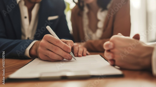 Close-up of a couple signing a document together.