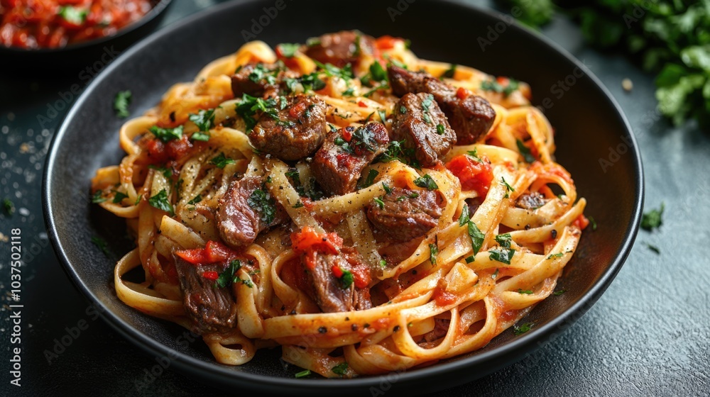 Delicious pasta with meat and vegetables. Plate with pasta close-up, food and nutrition.
