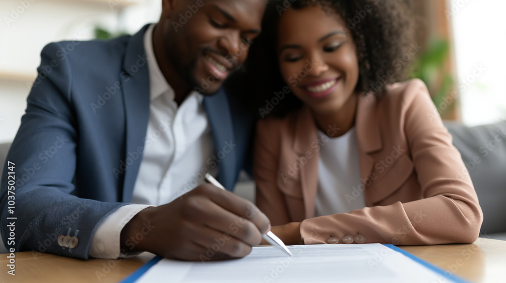 Close-up of a couple signing a document together. Close-up of a couple signing a document together.