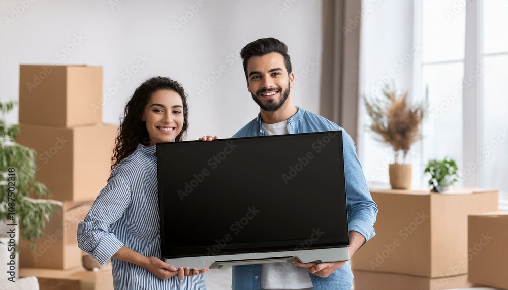 Smiling Young Couple Carrying New Television Smiling Young Couple Carrying New Television