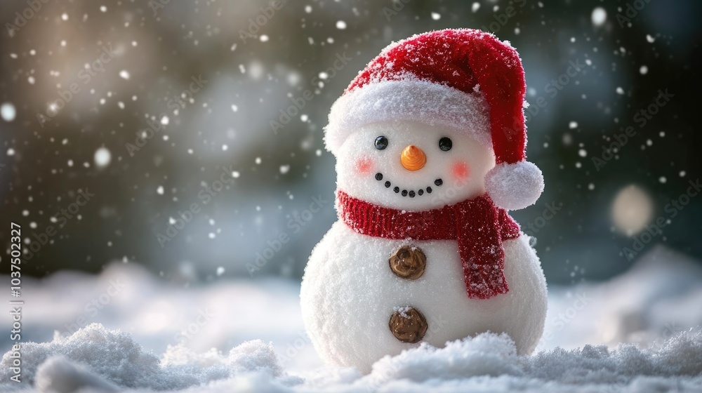 Winter background with cute snowman. Snowman in Santa hat, winter and Christmas concept. Winter background with cute snowman. Snowman in Santa hat, winter and Christmas concept.