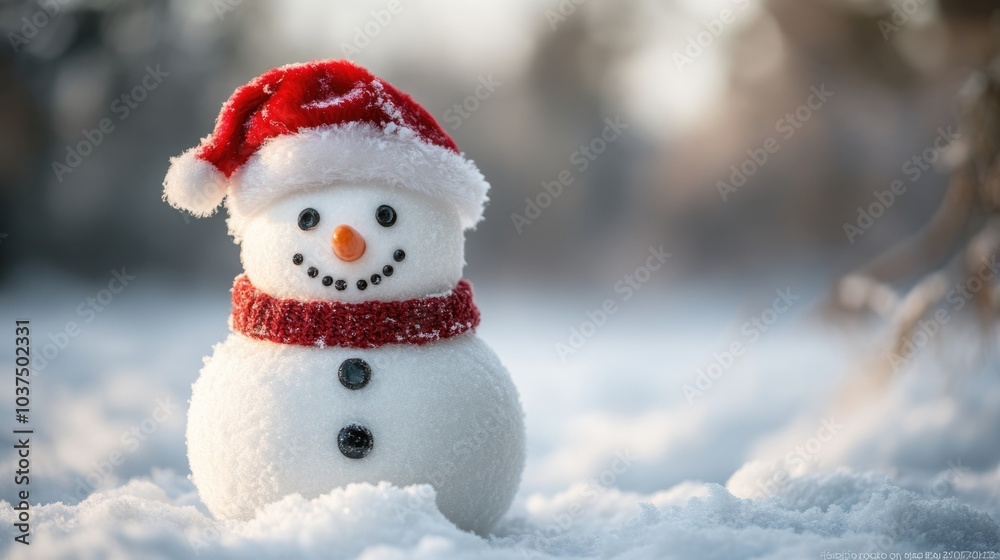 Winter background with cute snowman. Snowman in Santa hat, winter and Christmas concept. Winter background with cute snowman. Snowman in Santa hat, winter and Christmas concept.