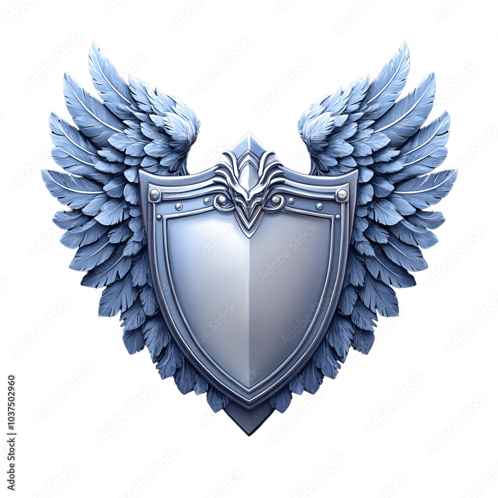 Fototapeta premium A shield with angelic wings, symbolizing protection and strength, set against a dark background for dramatic contrast.