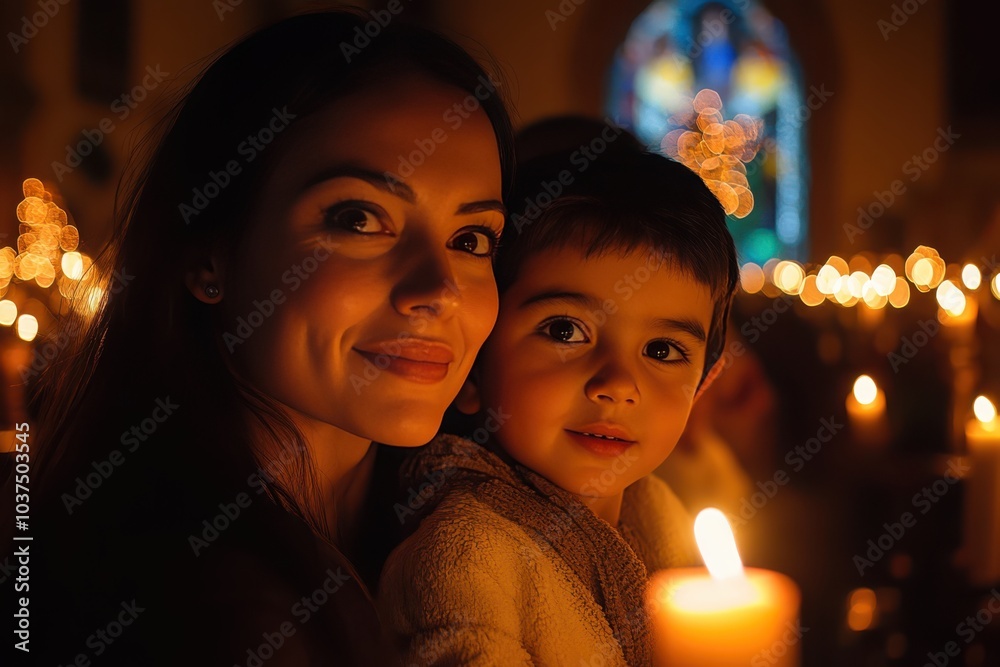 Family at midnight mass with candlelight during misa de gallo celebration Family at midnight mass with candlelight during misa de gallo celebration