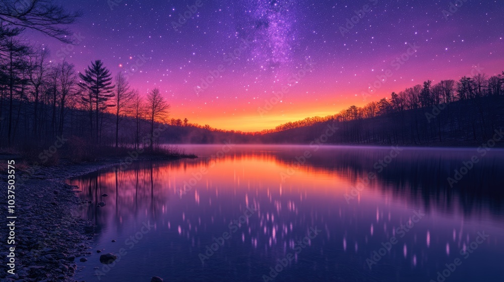 Magic space over the night landscape of mountains and lake. Starry night in the mountains, reflected in the mirror surface of the lake Magic space over the night landscape of mountains and lake. Starry night in the mountains, reflected in the mirror surface of the lake