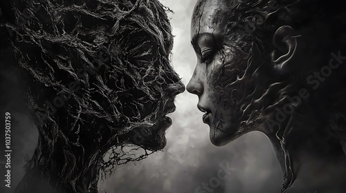 The merging of humanity and nature a captivating exploration of two faces intertwining with earthly elements