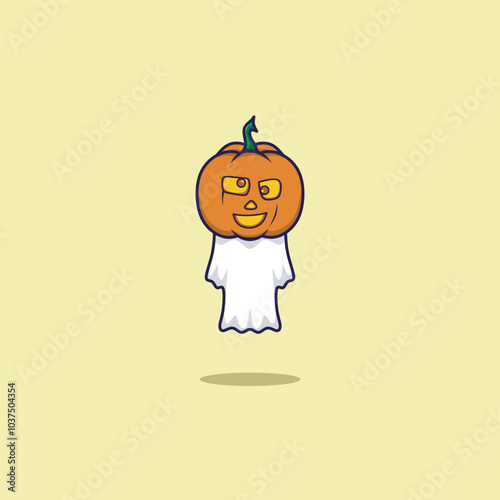 Cute Pumpkin Ghost Cartoon Vector Icon Illustration. People Holiday Icon Concept Isolated Premium Vector. Flat Cartoon Style