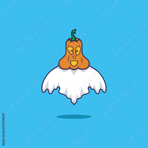 Cute Pumpkin Ghost Cartoon Vector Icon Illustration. People Holiday Icon Concept Isolated Premium Vector. Flat Cartoon Style