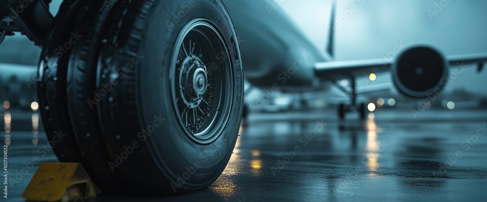 Fototapeta premium Close-up of Airplane Wheel on Runway