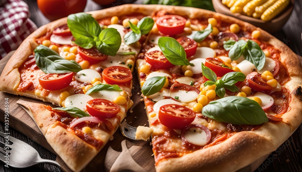 Delicious Pizza with Corn, Tomato and Basil Delicious Pizza with Corn, Tomato and Basil