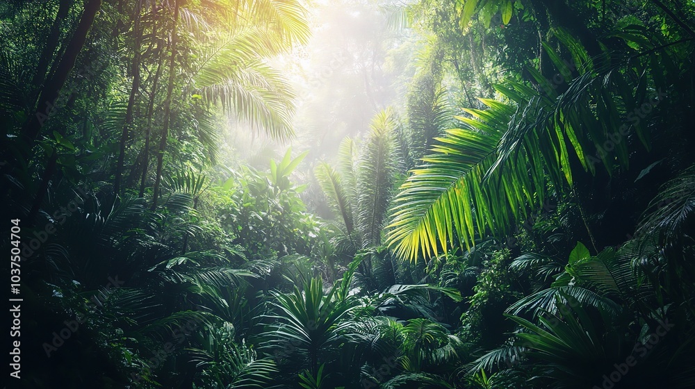 Lush Green Jungle with Morning Light and Mist Lush Green Jungle with Morning Light and Mist